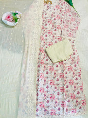 Floral pink cream mix kurta set( including pants & dupatta)