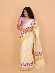 CHITHIRA Purple Lotus Motif & Gold Zari Border