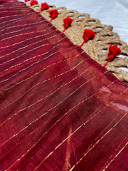 ARUNIMA🥀✨CHERRY RED WITH GOLDEN SMALL STRIPES MUL COTTON SAREE (SU 823)