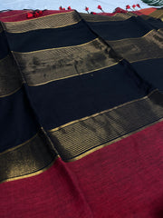 MADHURI🌺MAROON & BLACK WITH GOLD ZARI BORDER KHADI MUL COTTON SAREE ( SU 846)
