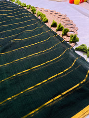 HARITHA🌿✨BOTTLE GREEN WITH GOLDEN STRIPES MUL COTTON SAREE (SU 815)