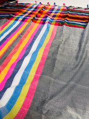 PALLAVI🌸GREY WITH MULITICOLOURED STRIPES KHADI MUL COTTON SAREE (SU 851)