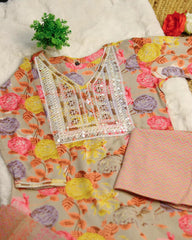 GREY  KURTHI SET WITH YELLOW ,PINK FLORAL PRINT (SU 172)