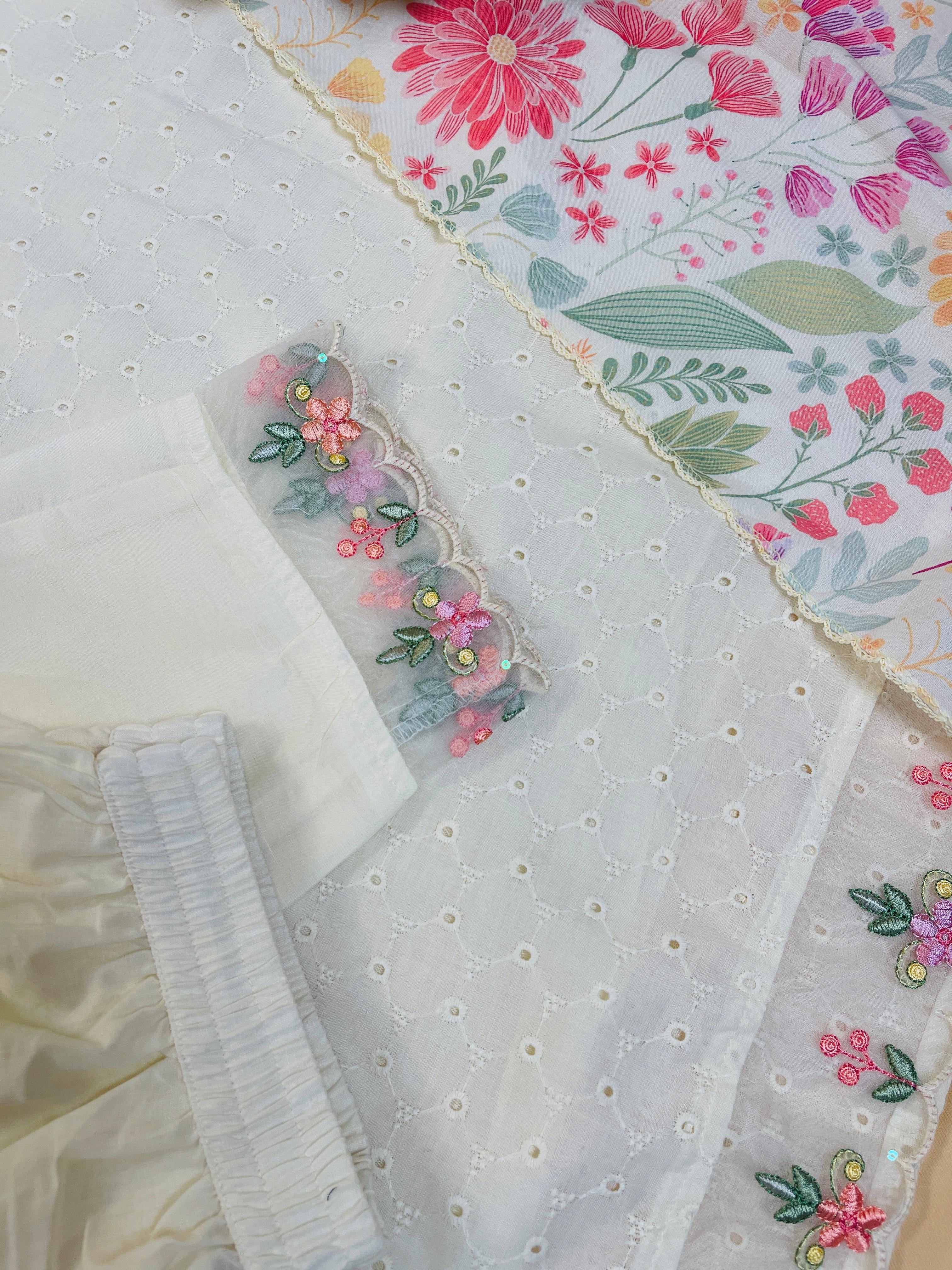 Off white hakoba salwar suit with floral thread work