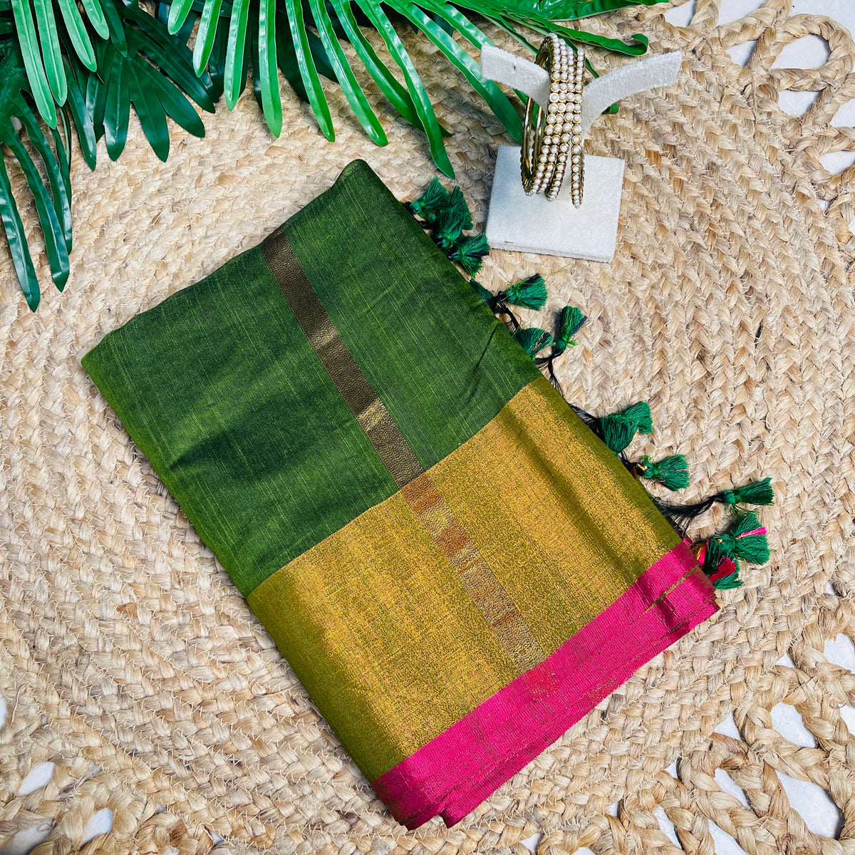 NANDHINI✨💚EMERALD GREEN WITH GOLD ZARI & RANI PINK BORDER SILK COTTON SAREE (SU 802)