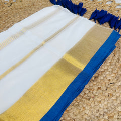 NEELAKSHI 💙✨ TRADITIONAL KASAVU WITH BLUE BORDER & GOLDEN STRIPES MUL COTTON SAREE (SU 893)