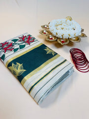 Dark Green Golden Lotus Set Saree