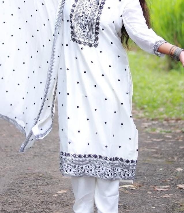 White & Black Soft Vijithra Silk Salwar Suit - Elegant Salwar