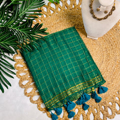 THULASI🍃✨BOTTLE GREEN WITH GOLDEN CHECKS SOFT MULCOTTON SAREE (SU 818)