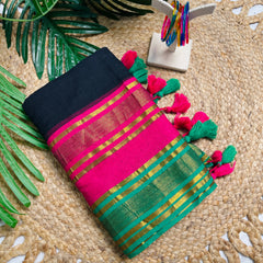 MOHINI✨💚🩷 BLACK WITH RANI PINK GOLD ZARI SOFT MUL COTTON SAREE (SU 829)
