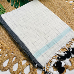 CLOUD LOOM🌩️🖤WHITE WITH CHARCOAL GREY CHECK DESIGN SOFT MUL COTTON SAREE (SU 837)