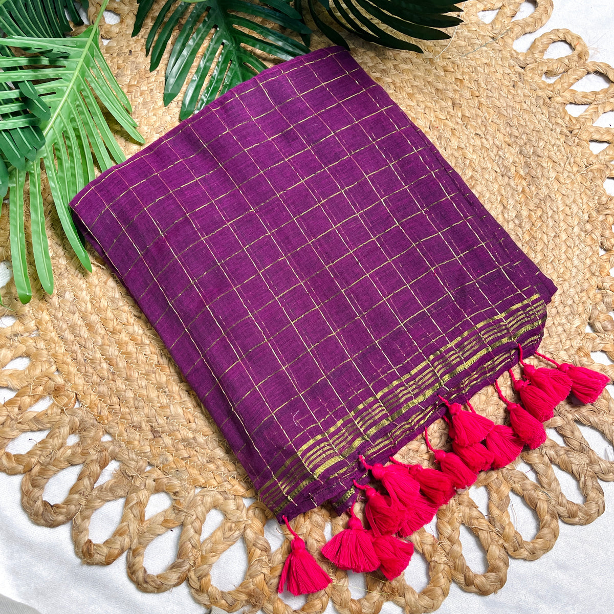 NEELAMBARI💜✨ DARK VOILET WITH GOLDEN CHECKS SOFT MUL COTTON SAREE (SU 819)