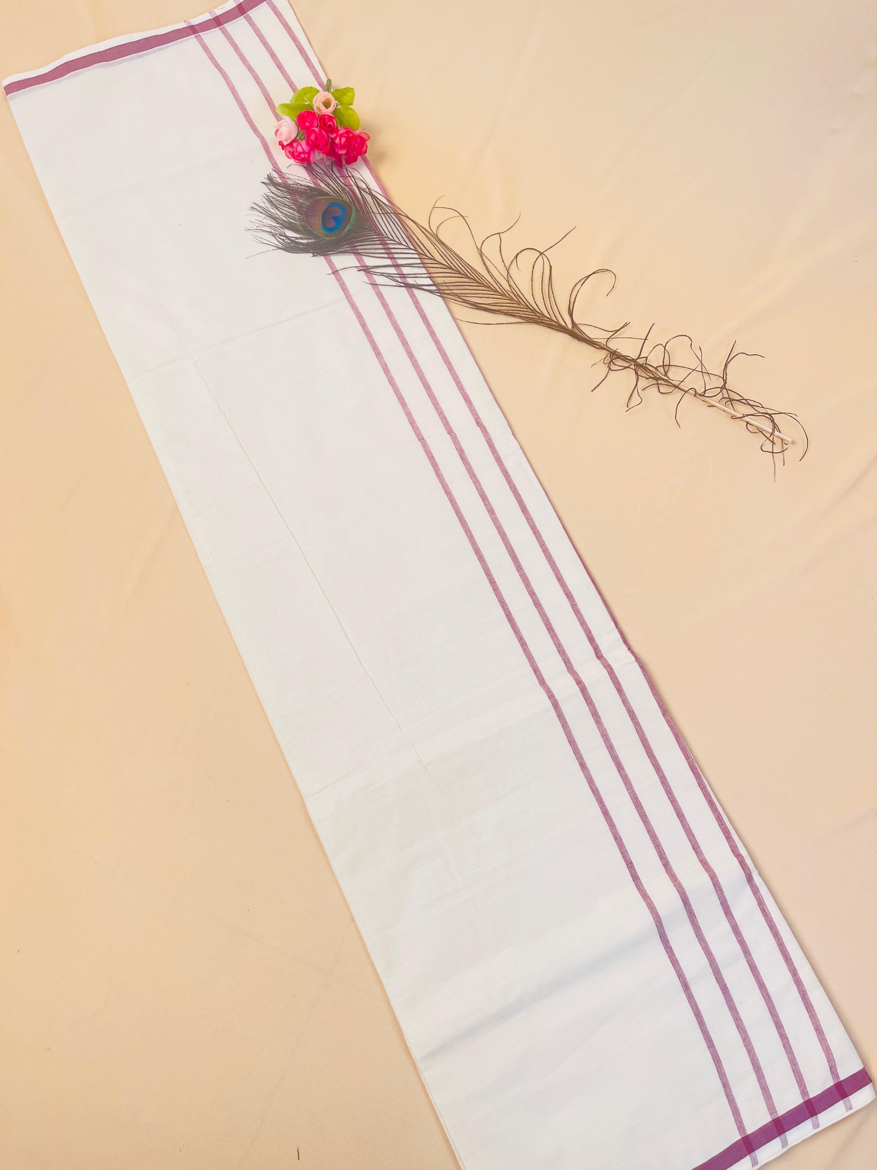 SU 572 - Traditional Kerala White Saree with Onion pink Stripe Border