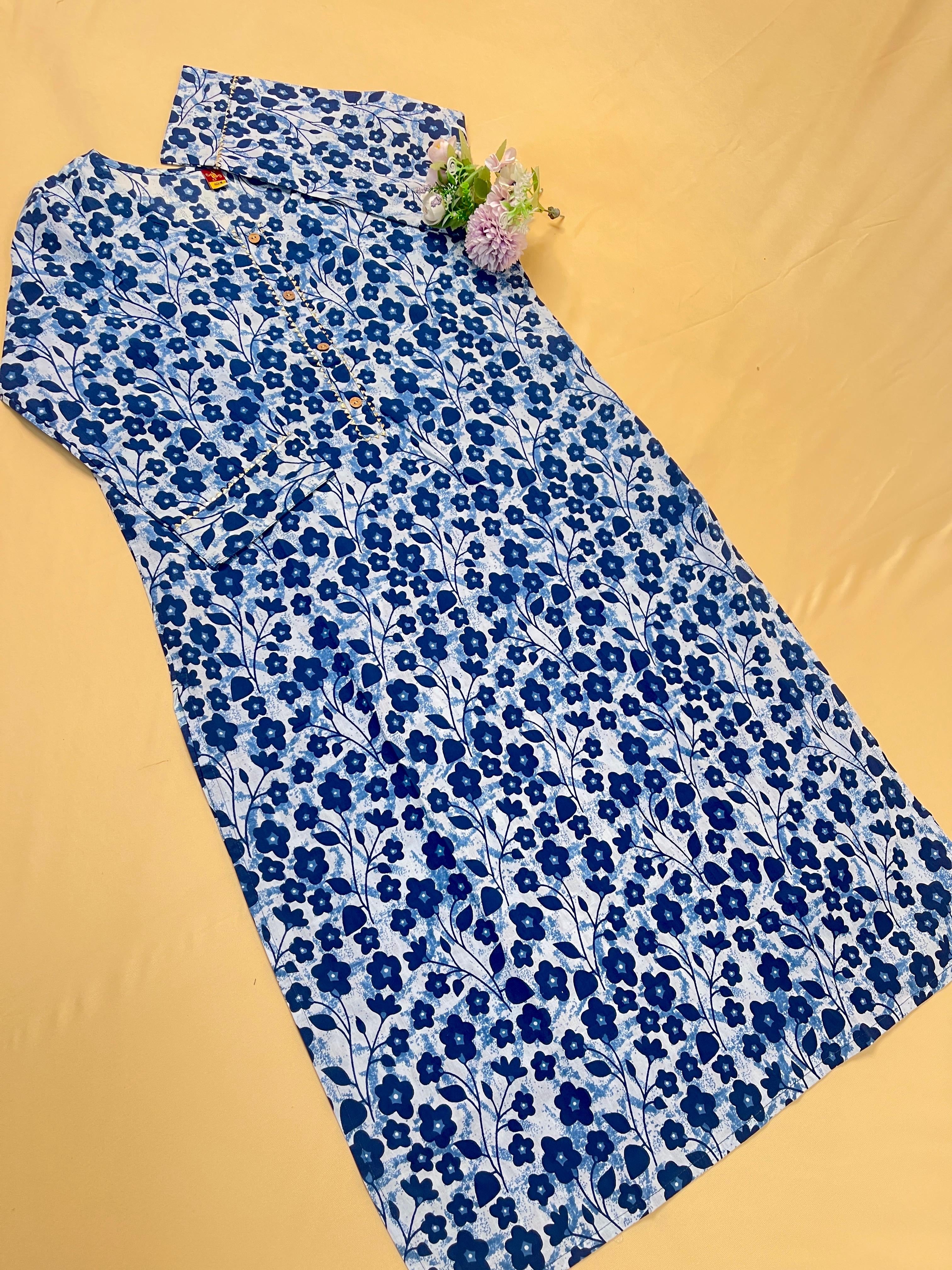 Dark blue floral Cotton Top - Casual Wear