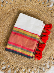 TRADITIONAL KASAVU BORDER WITH RED & GOLD STRIPES MUL COTTON SAREE (SU 891)