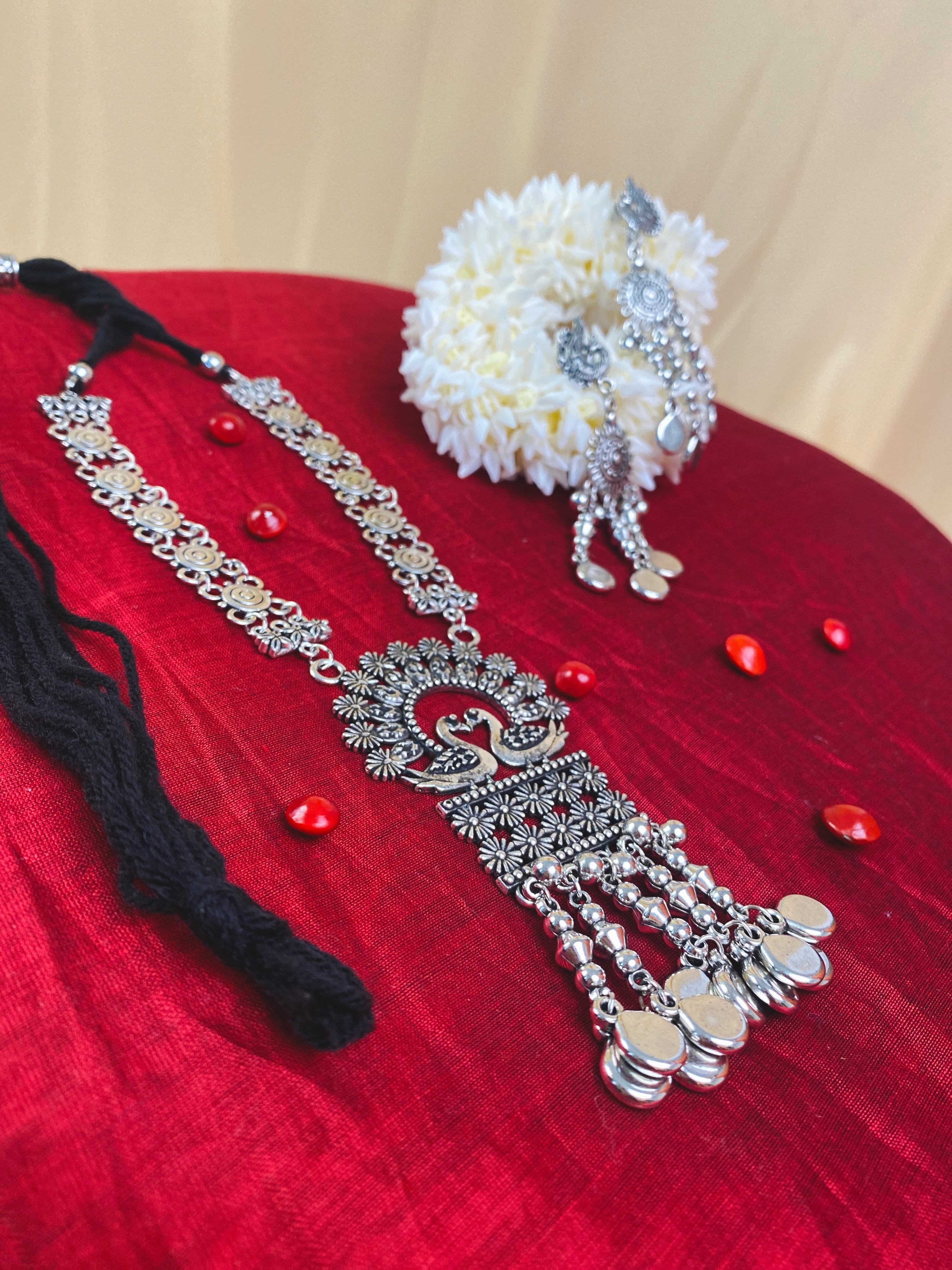 Antique Silver Oxidized Necklace & Earrings Set with Swan Motif