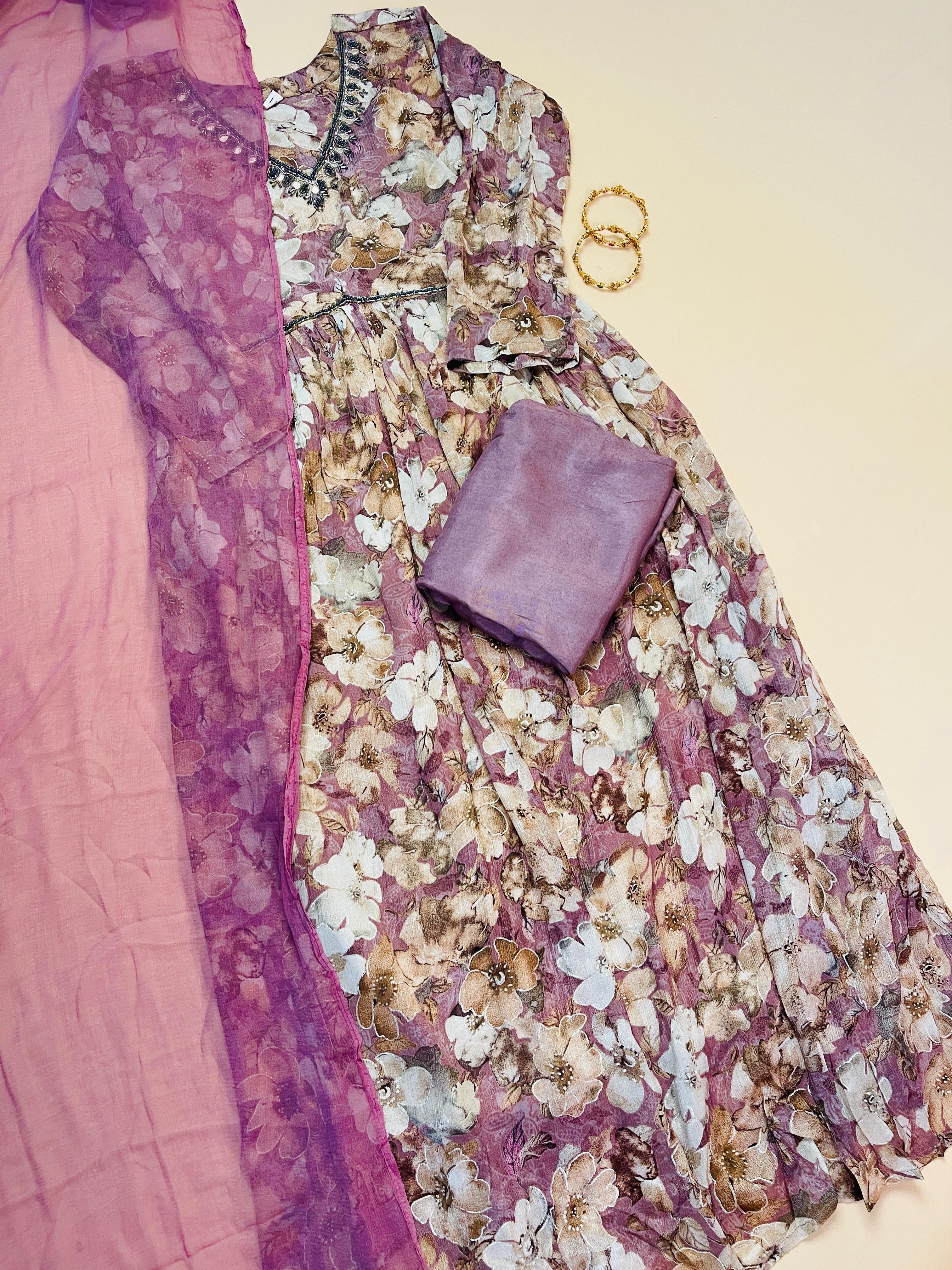 Mauve & Beige Floral Georgette Anarkali Suit Set