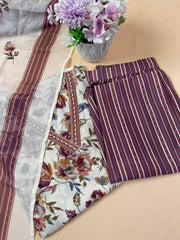 Cream & Brown Floral Print Kurtha Set - SU 73