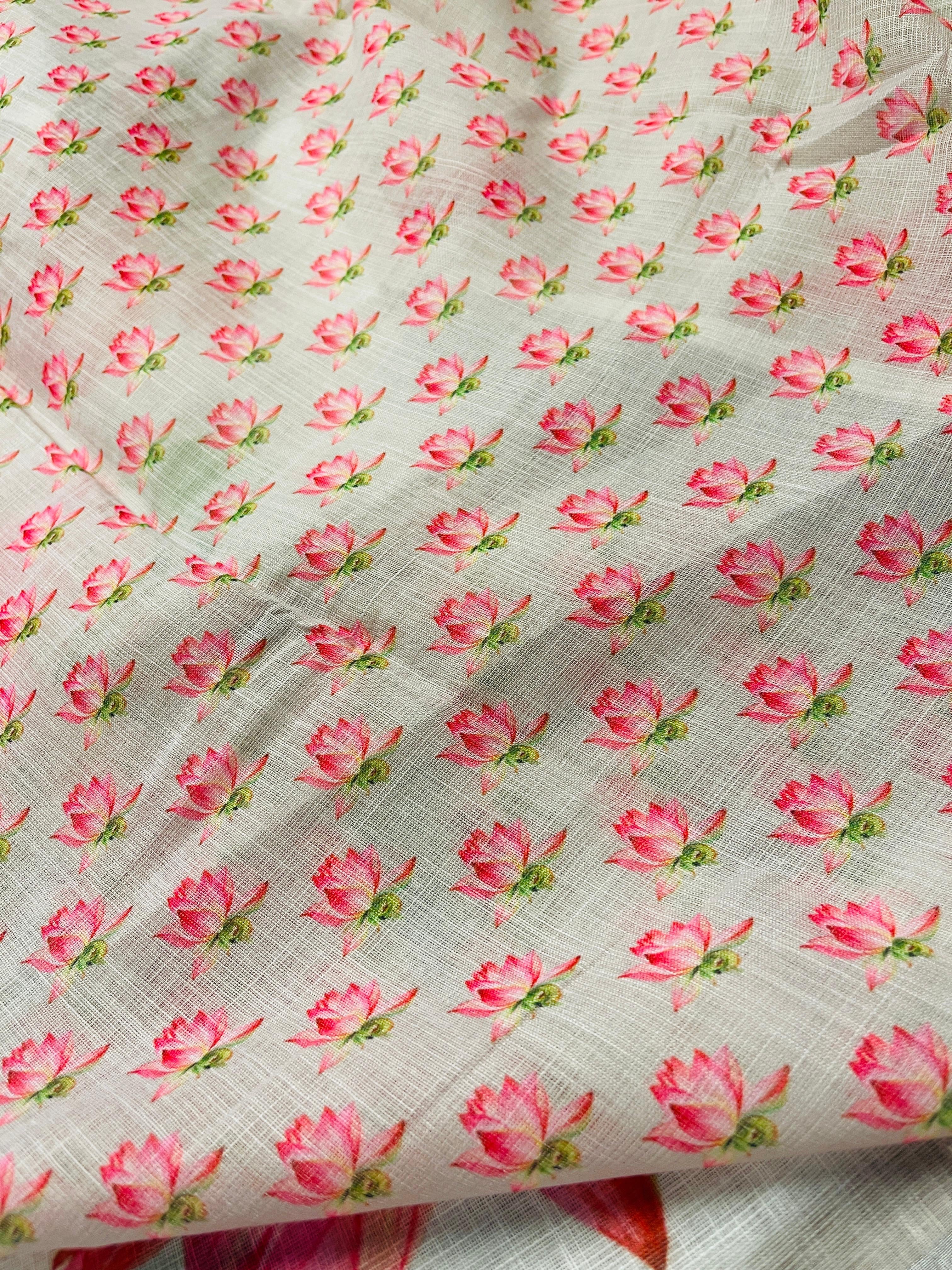 Silver Border White Linen Saree with Lotus Print