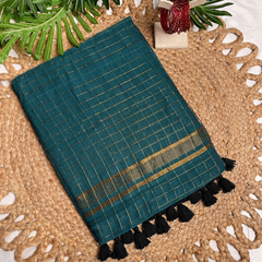 THARA🦚✨PEACOCK GREEN WITH GOLD ZARI CHECKS MUL COTTON SAREE (SU 870)