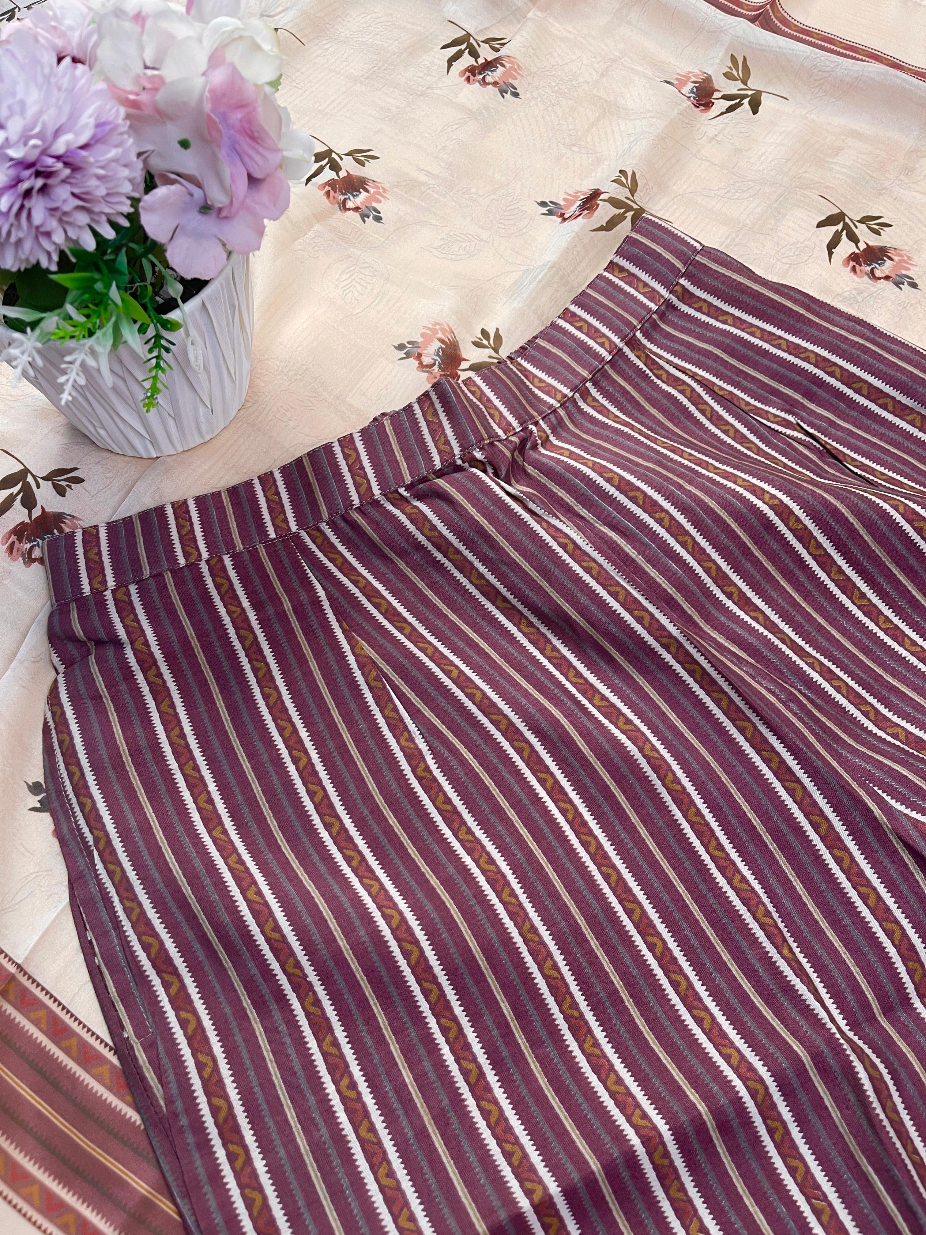 Cream & Brown Floral Print Kurtha Set - SU 73