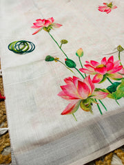 Silver Border White Linen Saree with Lotus Print