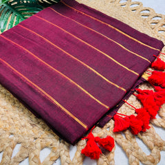 REKHA🌺✨MAROON WITH GOLDEN STRIPES MUL COTTON SAREE (SU 817)