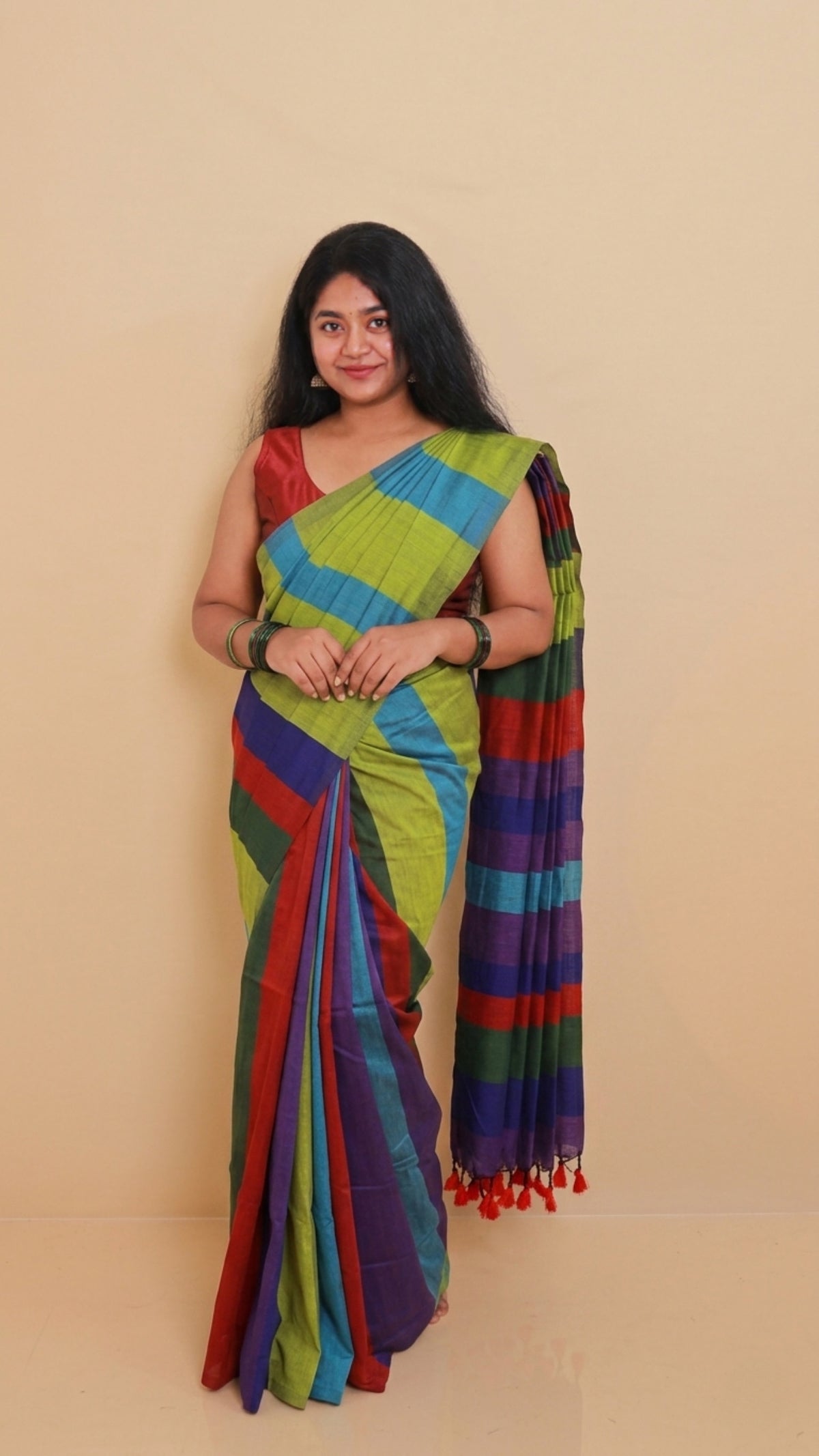 SAPTA RANG MULTICOLOURED STRIPES KHADI COTTON SAREE (SU 753)