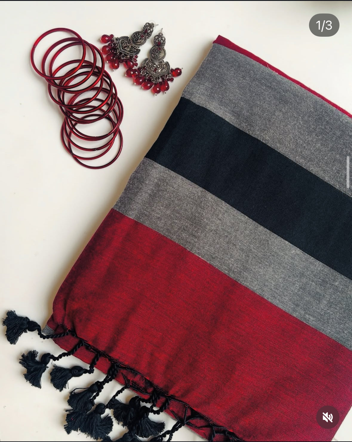 Black, Grey & Maroon Striped Cotton Saree with Tassel Border – Elegant Casual & Office Wear