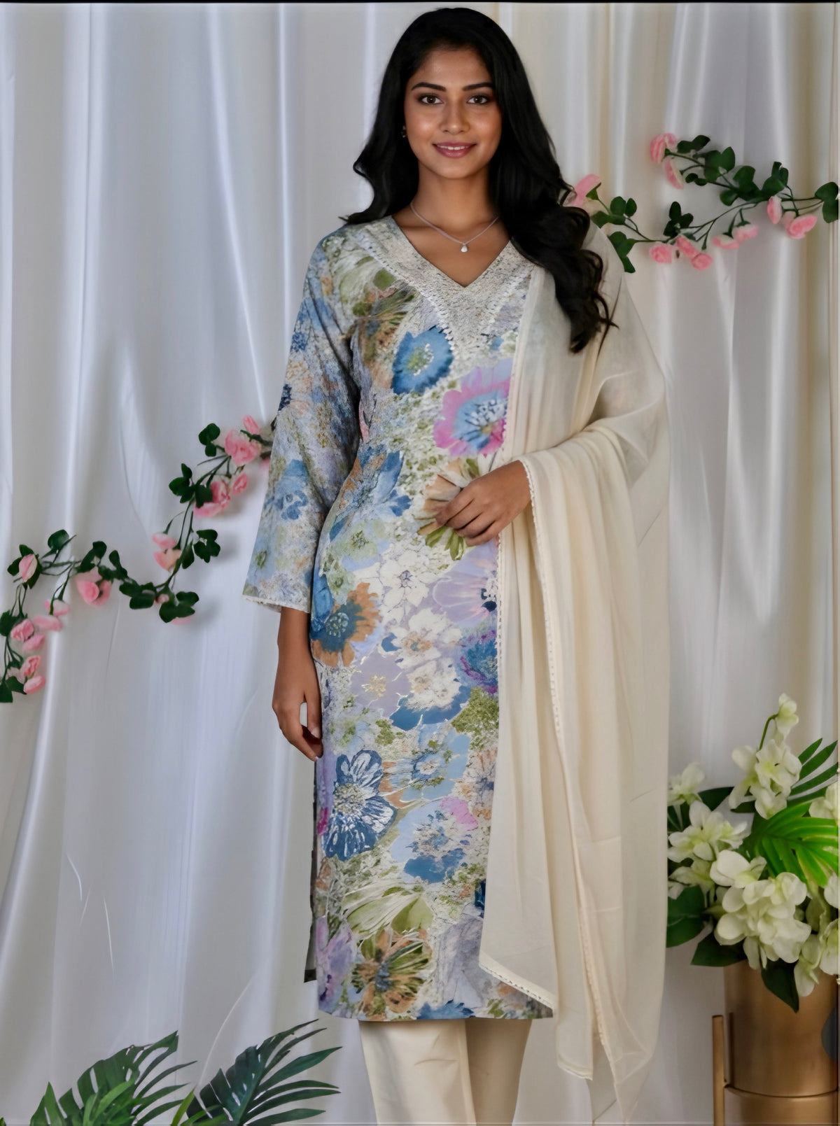 MULTICOLOURED KURTHI SET WITH MIRROR V NECK (SU- 216)