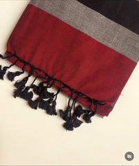Black, Grey & Maroon Striped Cotton Saree with Tassel Border – Elegant Casual & Office Wear
