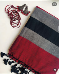 Black, Grey & Maroon Striped Cotton Saree with Tassel Border – Elegant Casual & Office Wear