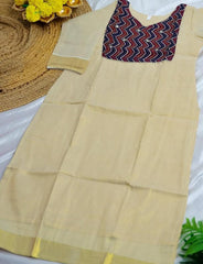 Blue & Red Kasavu Mirror Patch Work V neck Kurta Top (SU 135)