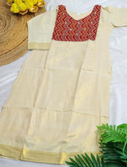 Red Kasavu Mirror Patch Work V neck Kurta Top (SU 135)