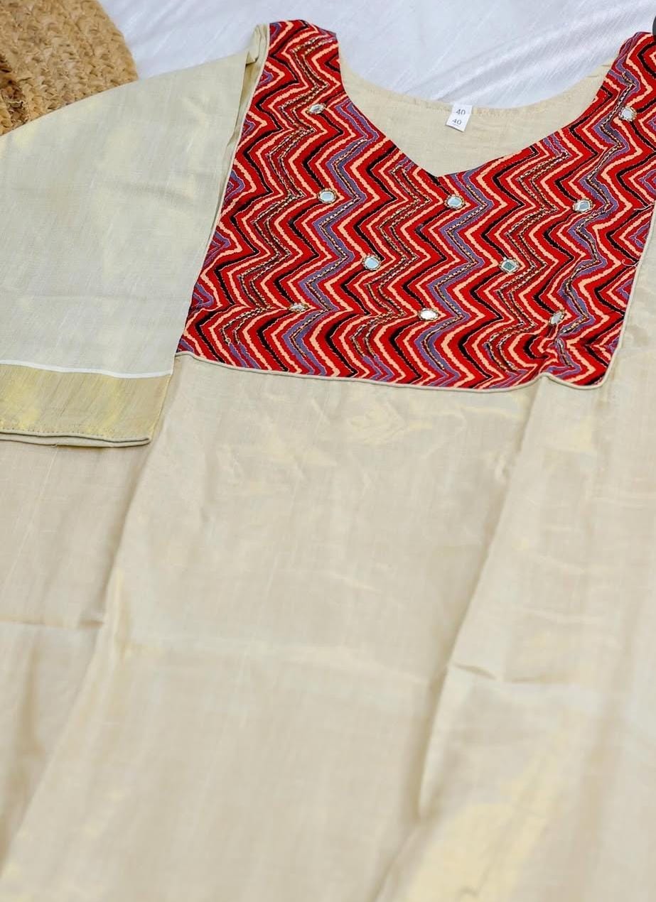 Red Kasavu Mirror Patch Work V neck Kurta Top (SU 135)