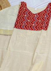 Red Kasavu Mirror Patch Work V neck Kurta Top (SU 135)