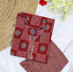 Maroon Handblock Printed Rayon Kurti with Striped Pant Set (SU 119)