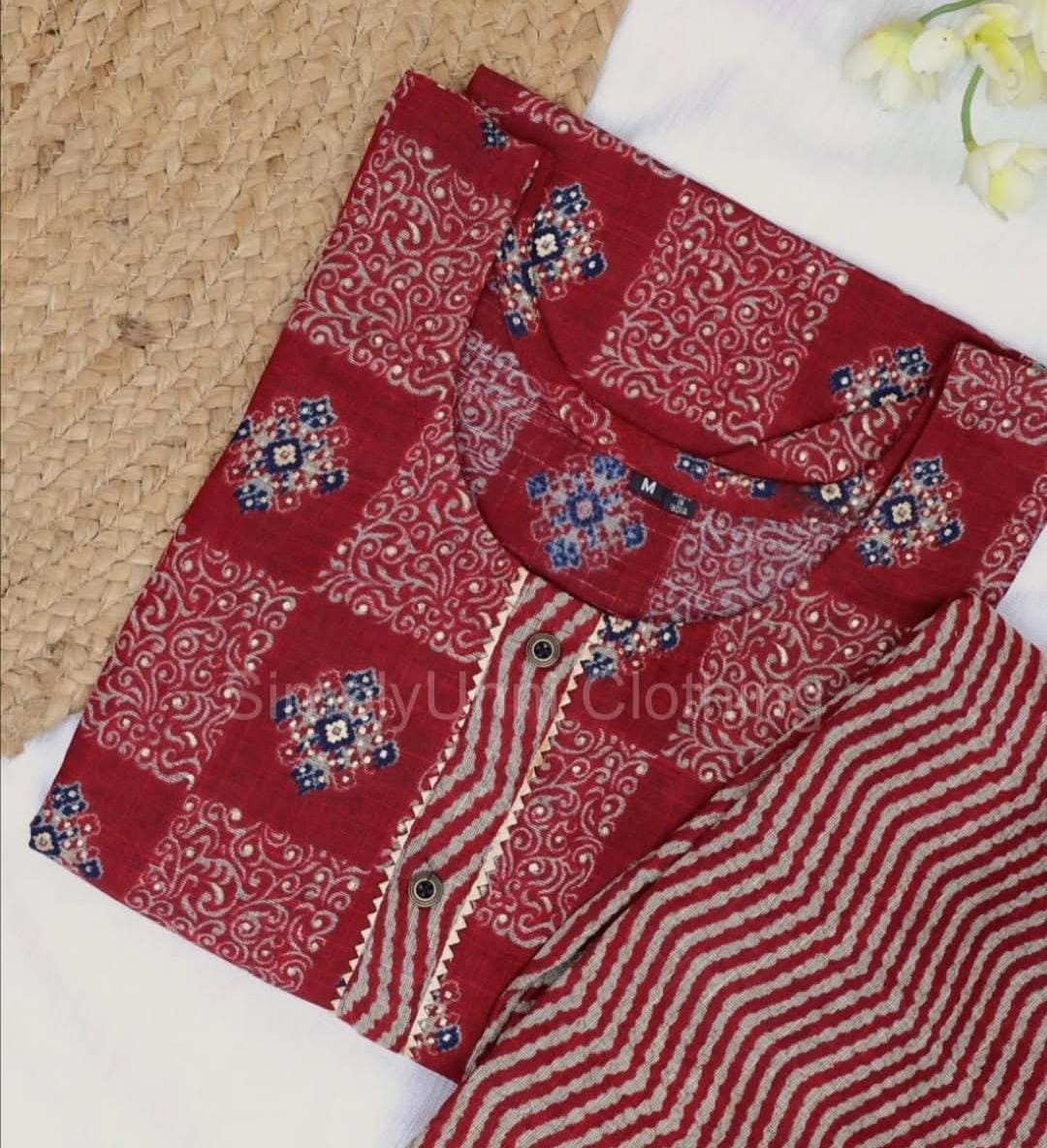 Maroon Handblock Printed Rayon Kurti with Striped Pant Set (SU 119)