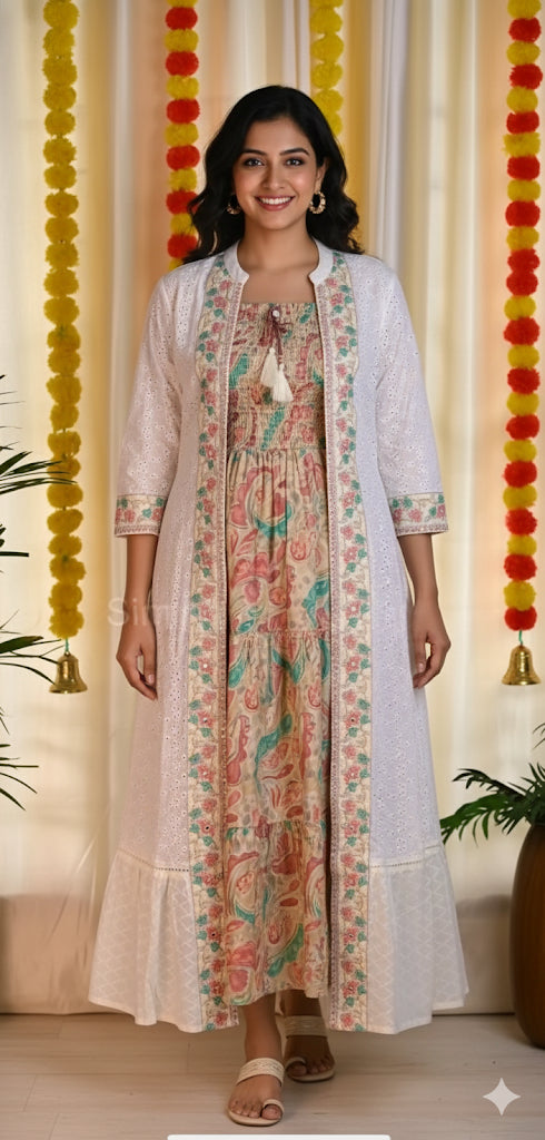 OFF WHITE SLEEVELESS FROCK WITH COAT (SU 246)