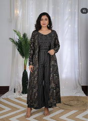 Black Tribal Print Three-Piece Silk Cotton Set (SU 114)