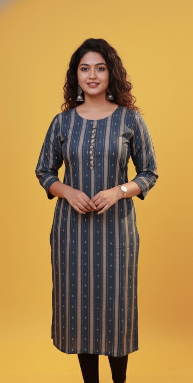 Blue & Golden Striped Straight Kurti with Front Button (SU 13)