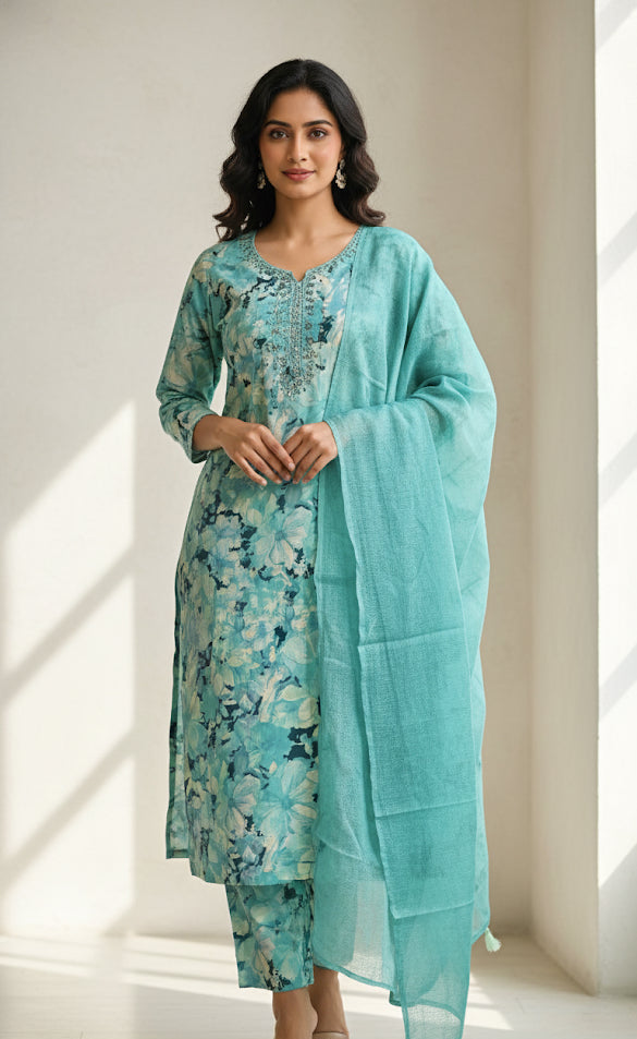 Bluish Green Floral Printed Kurta Set ✨ (SU 61)