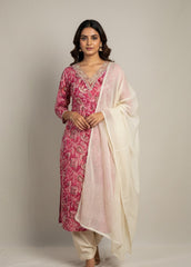 Pink top v neck mirror, cream pants & dupetta SU 197