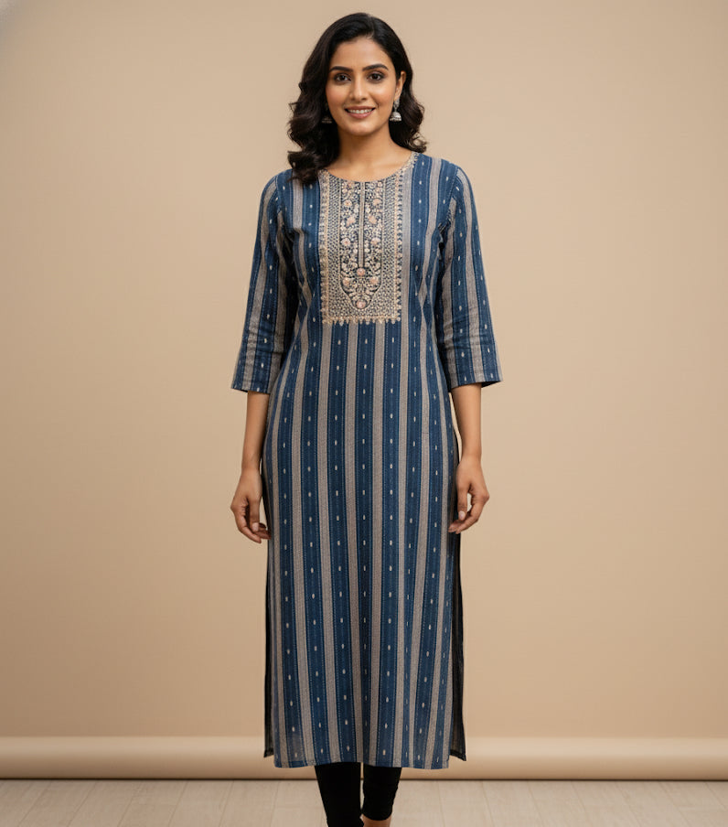 Elegant Blue Embroidered Striped Kurti (SU 24)