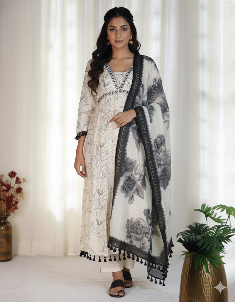OFF WHITE ALIACUT SALWAR SUIT WITH BLACK NECK WORK (SU-233)