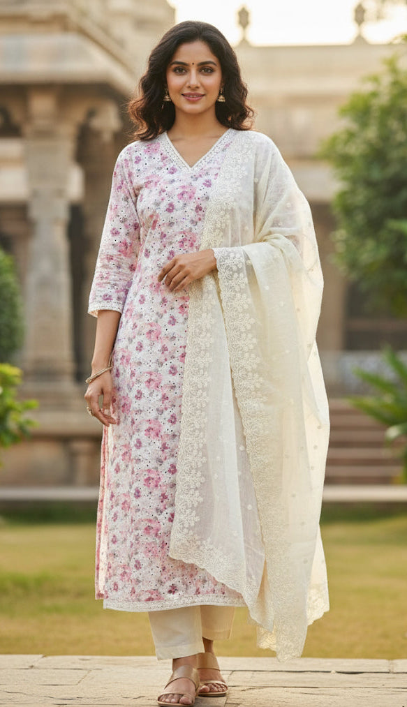 Floral pink cream mix kurta set - 3 piece set (SU 96)