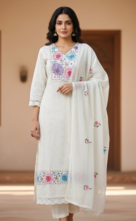 Off white Hakoba Salwar Suit with Floral Embroidery Work- Elegant Salwar Suit (SU 141)