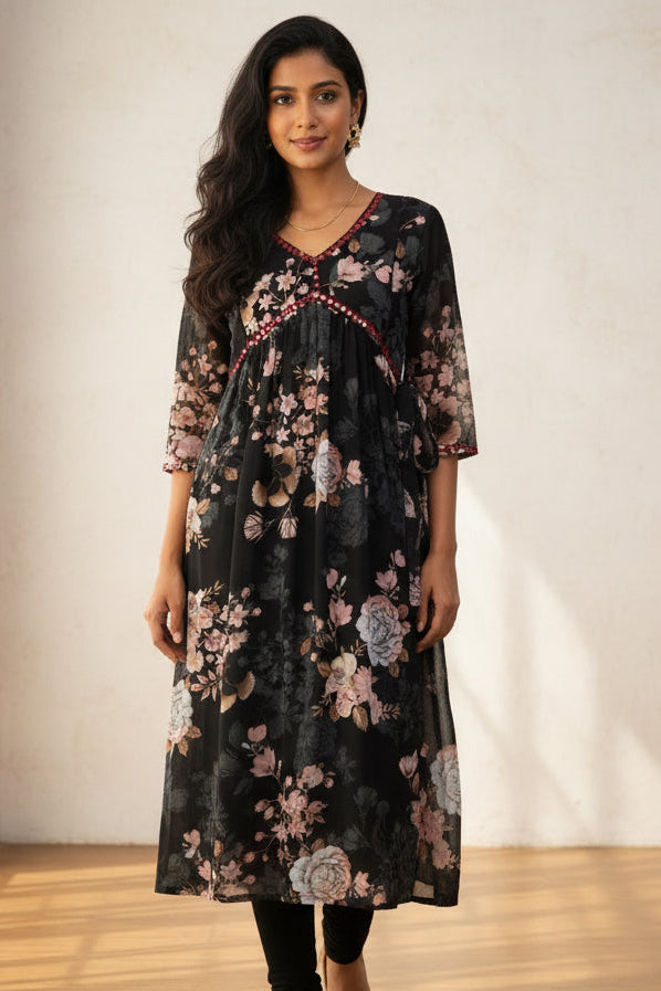 Black Alia-cut Floral Feeding Kurta with zipper (SU 113)
