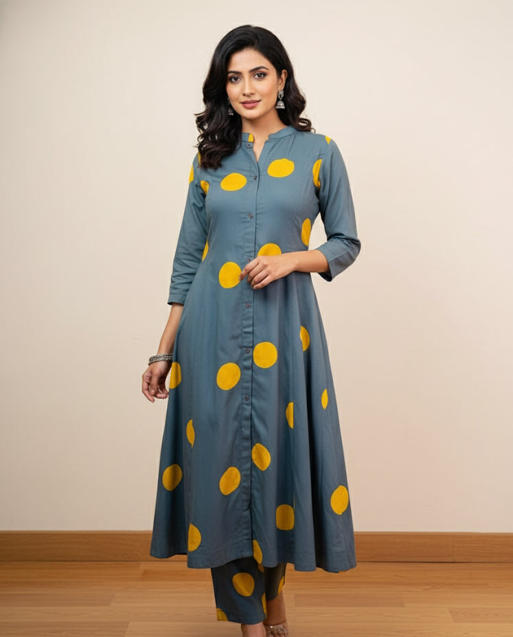 Olive Green With Mustard Yellow Polka 2 Piece Set (SU 283)