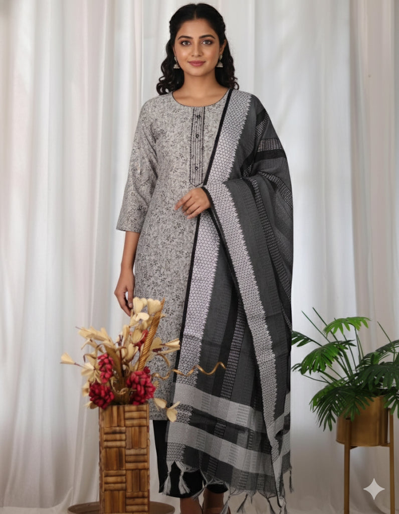 Grey Floral Printed Cotton Salwar Set with Dupatta (SU 199)